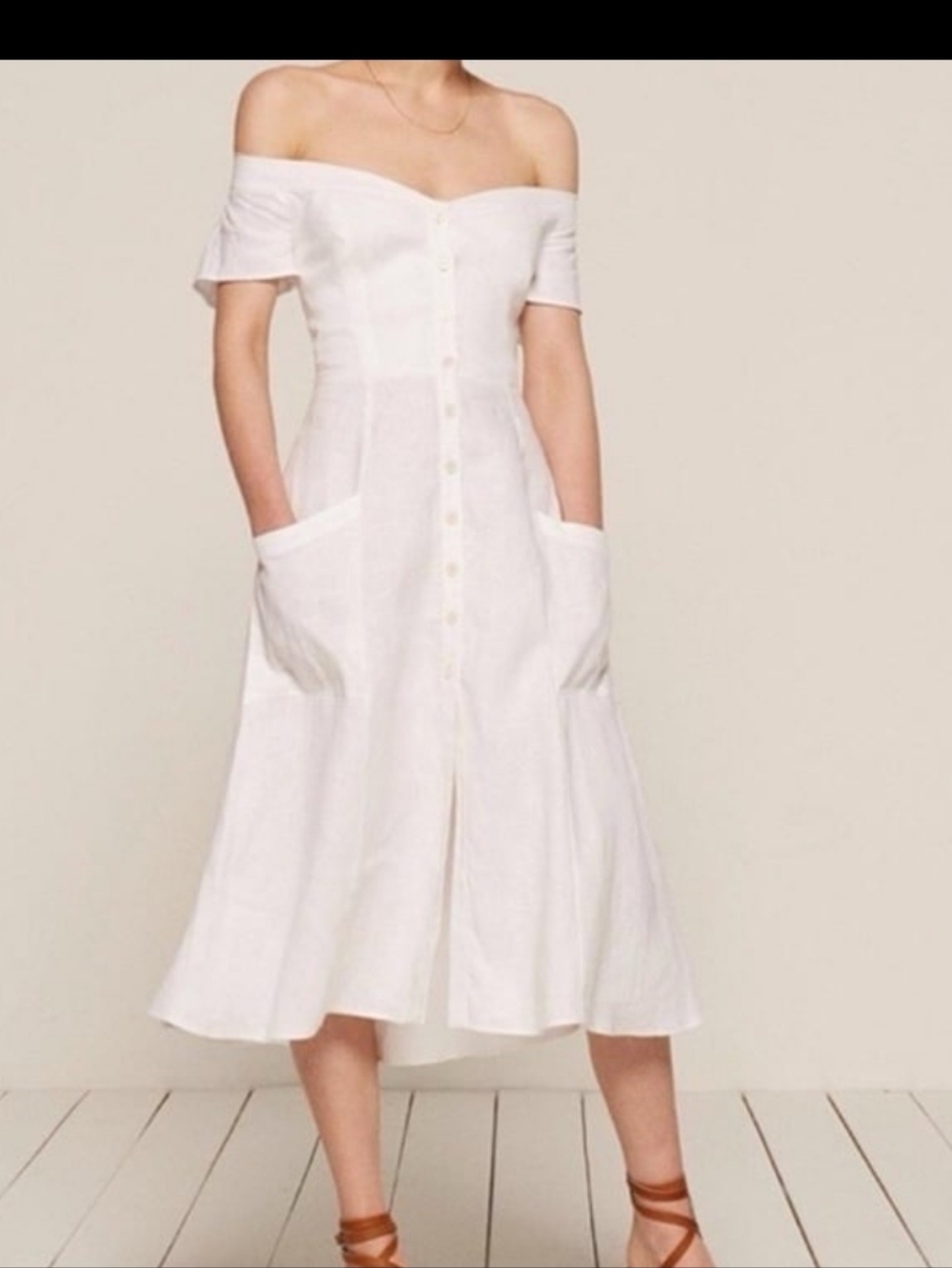 Reformation White Linen Off-The-Shoulder Button-Up Midi Dress (Size: 2